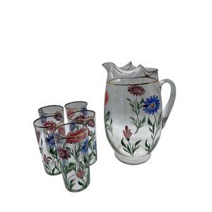 Glass Pitcher with 5 Glasses hand painted floral pattern
